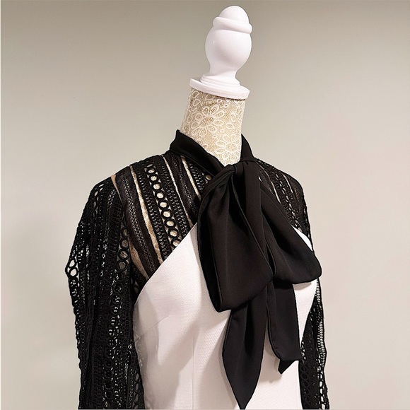 SELF-PORTRAIT Black & White Monochrome Crepe Bow Longsleeve Mini Dress Size 4 - Picture 10 of 16